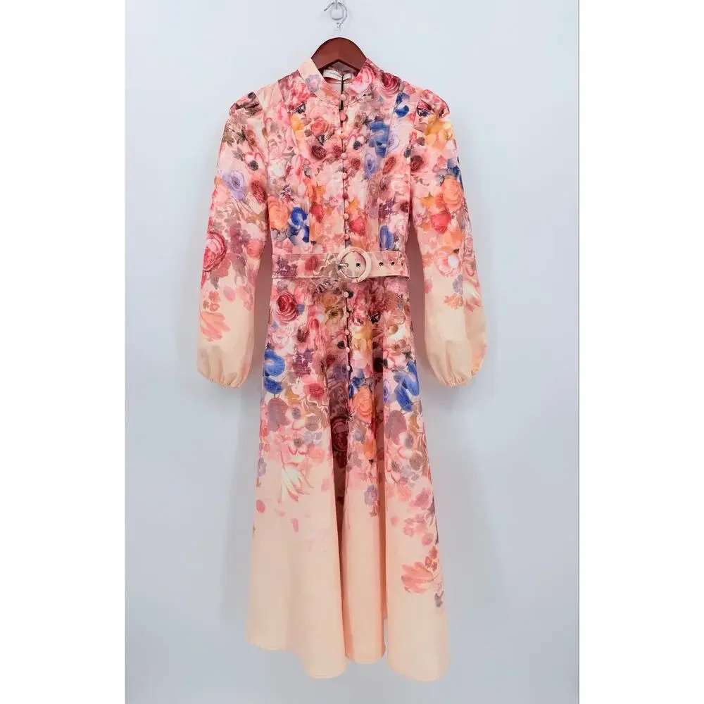 Commense Balloon Sleeve Floral Belted Midi Dress Mock Neck Pink Size Small NWT - Picture 3 of 9